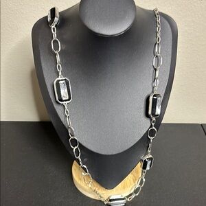 WHBM White House Black Market Black Enamel Silver Tone Rhinestone Necklace